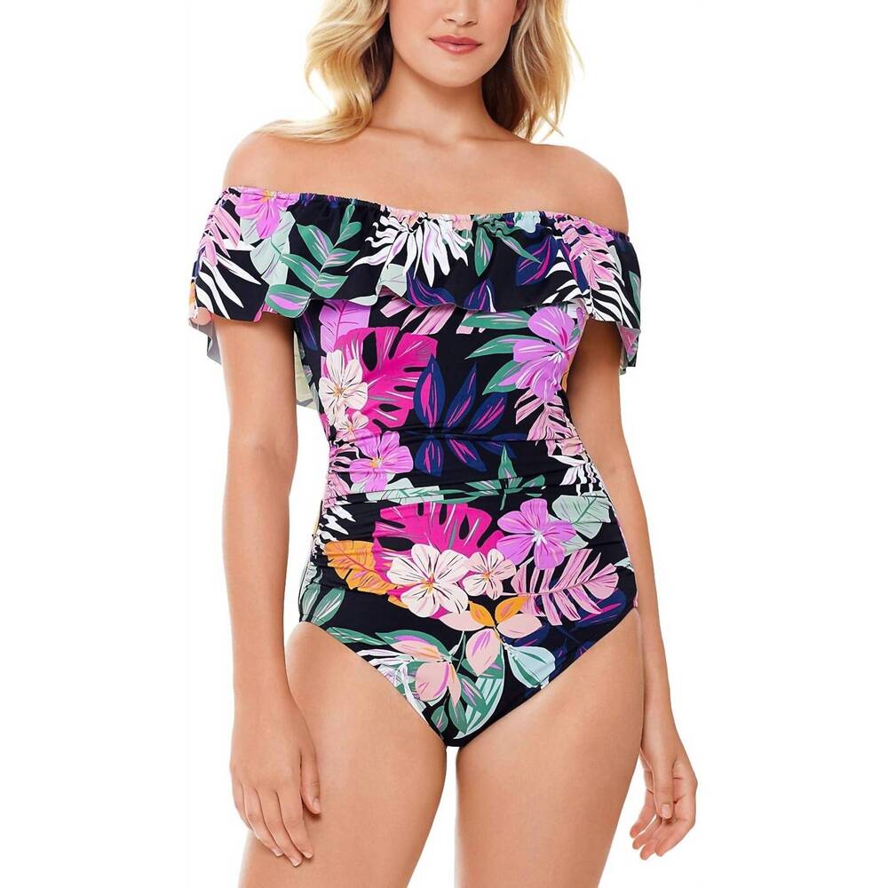 NEW SWIM SOLUTIONS deco printed off the shoulder ruffle tummy control one piece - Picture 1 of 2